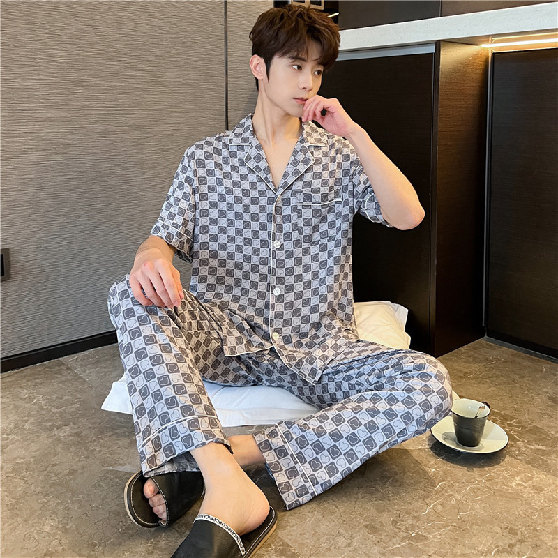 Men's Cotton Silk Pajamas Summer New Short-Sleeved Trousers Suit Spring and Autumn Thin High-End Large Size Indian Flower Home Clothes