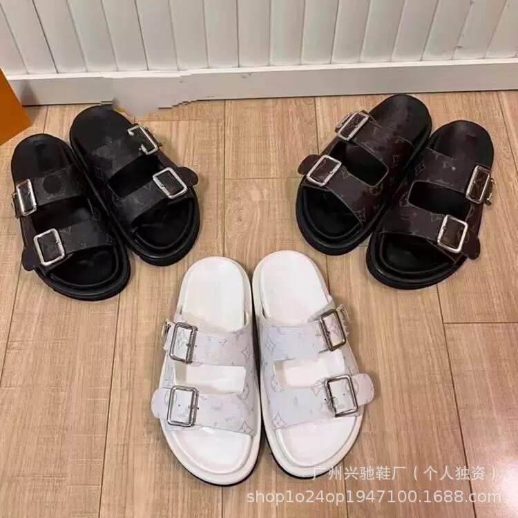 2025 Women's Summer Sandals and Slippers, Flat Thick-Soled Leather Slip-Ons with Metal Buckle, Birkenstock Style