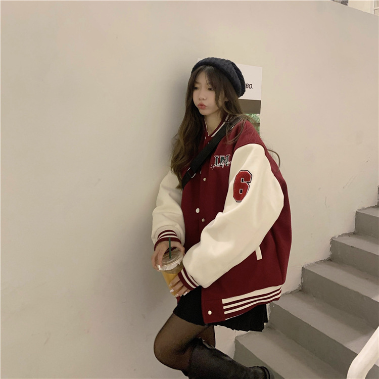 拼色棒球服外套女秋冬新款美式复古加厚BF风宽松夹克上衣百搭开衫|undefined