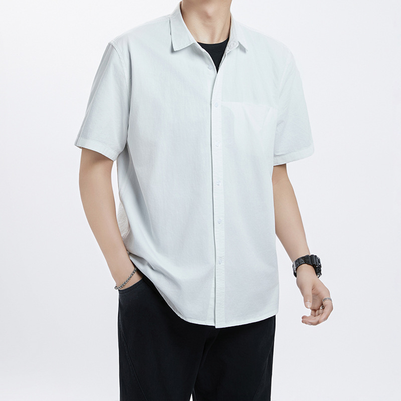 American-Style Heavyweight Pure Cotton Short-Sleeve Men's Summer Trendy High-End Vintage Casual Solid Color White Shirt