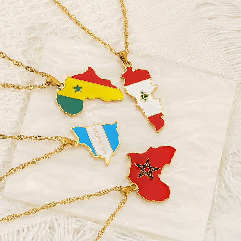 Wholesale Jewelry Hip-Hop Streetwear National Flag Map 304 Stainless Steel Enamel Pendant Necklace Singapore Chain display picture 10