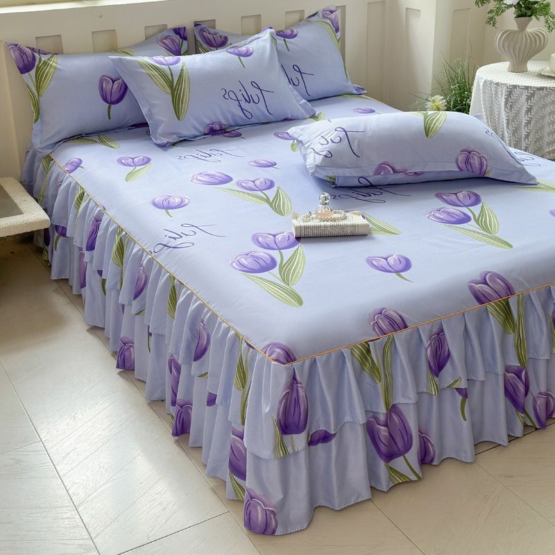 Falda de cama coreana, falda de cama de algodón, una sola pieza de doble doble cubierta de cama de encaje doble cubierta de cama al por mayor