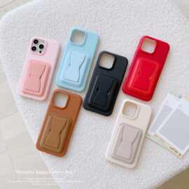 适用于iPhone16promax手机壳纯色苹果1415荔枝皮纹插卡支架手机壳