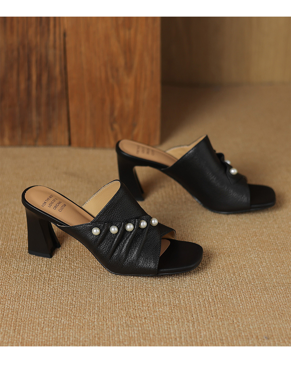 Sandal cao gót nữ quai ngang hở mũi gót 7 cm — đen chi tiết 17