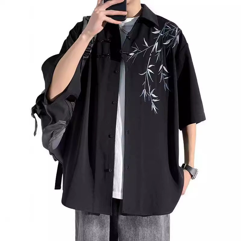 Летняя рубашка, китайский стиль, oversize, с вышивкой, с коротким рукавом