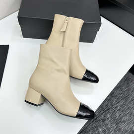 英伦风粗跟短靴女2025新款增高休闲小皮靴舒适百搭拼色侧拉链单靴