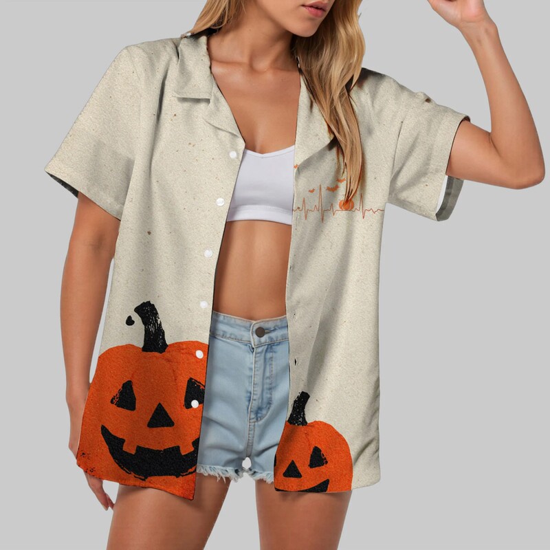 2025 Cross-Border Amazon Women's New Halloween Evil Pumpkin Bat Cat Print Women's Shirt Top