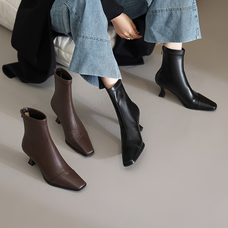 Base black autumn low boots square toe stiletto heels