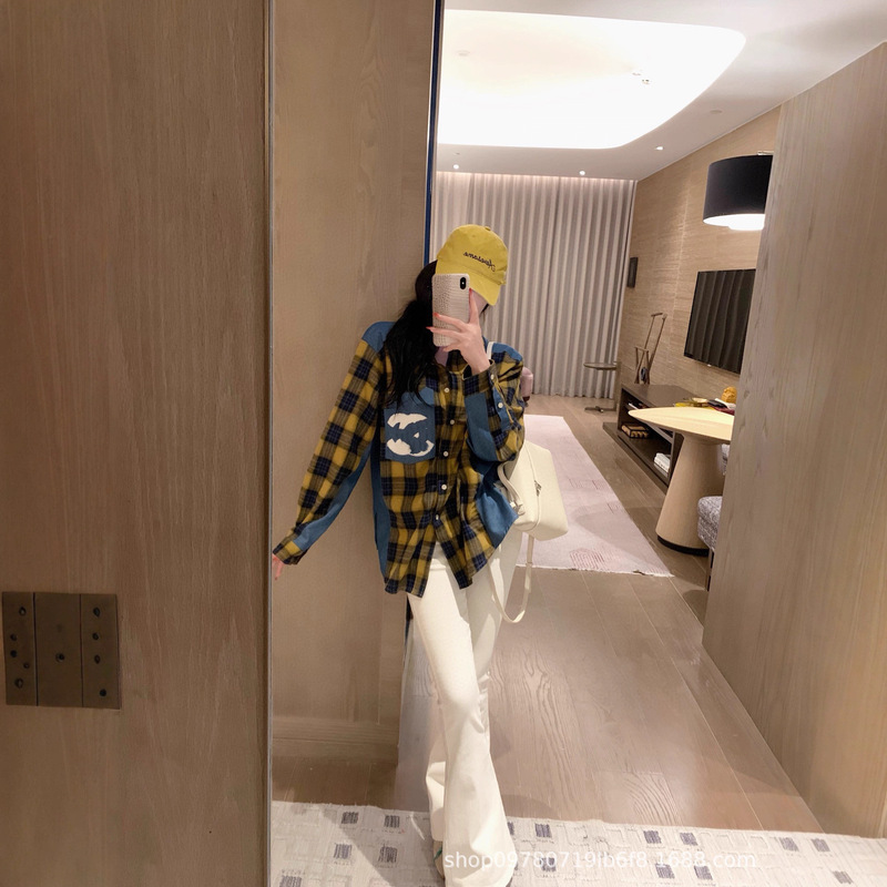 【不支持退货】显白洋气黄格子牛仔拼接复古格子长袖衬衫女款|undefined