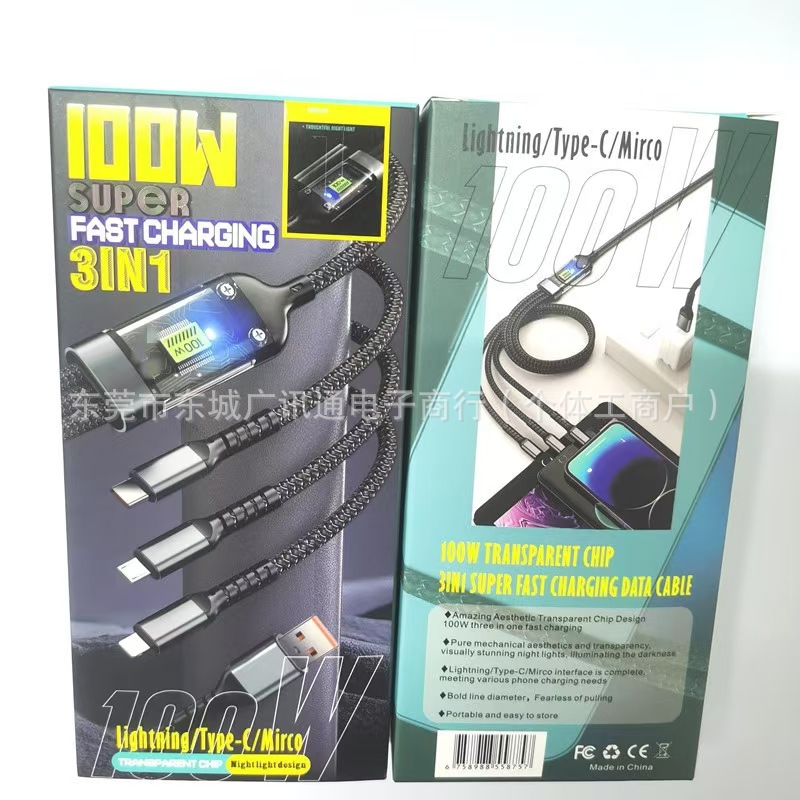 Dijital ekranlı üçü bir arada veri kablosu 100W şeffaf orta boy kart, Android, Apple, Type-C için uygun, süper hızlı şarj