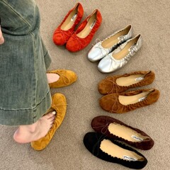 棕色鞋子女蝴蝶结芭蕾舞单鞋2025秋季新款爆款百搭通勤软底奶奶鞋