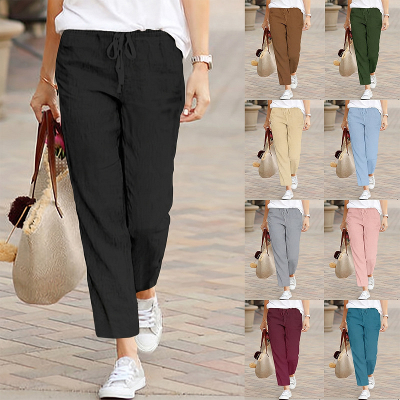 European and American cross-border women's solid color elastic waist drawstring straight-leg casual pants, street style work pants for women, factory wholesale European and American cross-border women's solid color elastic waist drawstring straight-leg casual pants, street style work pants for women, factory wholesale