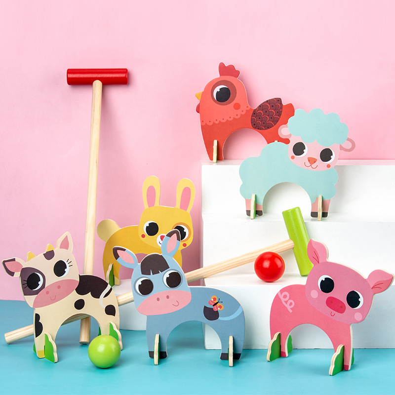 儿童木制动物槌球游戏 动物门球高尔夫游戏益智玩具
