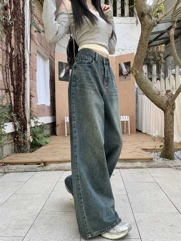 复古做旧阔腿牛仔裤女春秋新款高腰宽松显瘦直筒休闲拖地裤潮|undefined