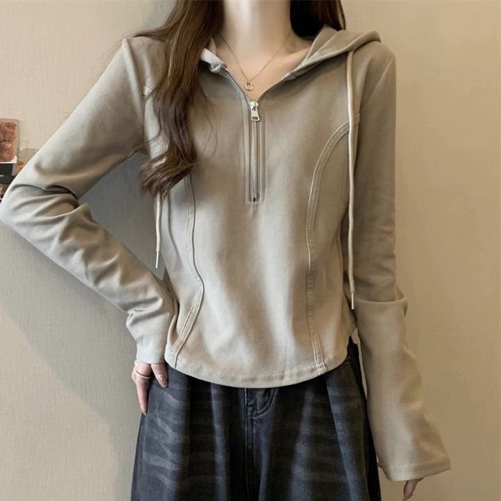 带帽卫衣女秋连帽季长袖恤内搭法式秋季上衣女新款修身女打底衫|undefined