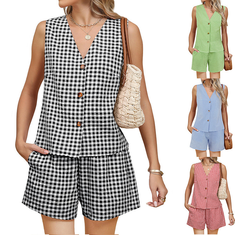 Cross-Border Amazon New Summer Women's Clothing European and American Two-Piece Vacation Outfit Short Suit Linen Plaid Vest