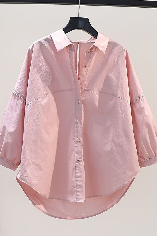 Pink Cotton Shirt for Women, Loose Artistic Style Shirt, 2024 Spring and Summer Korean Style Patchwork Design, Lazy Style Top, Trendy