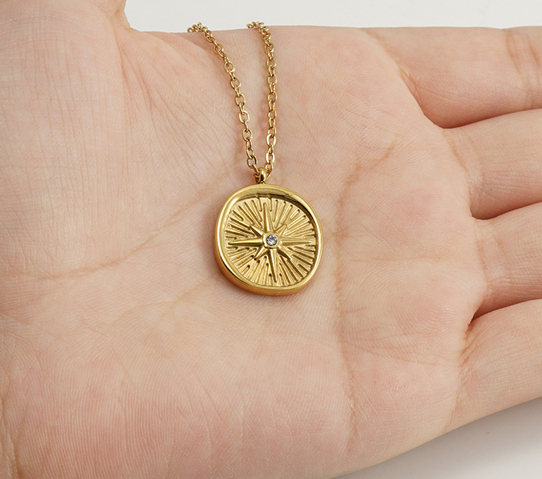 Pendant Necklace Classification 304 Stainless Steel Chain Material Wholesale Jewelry Retro Round 304 Stainless Steel Rhinestones 18K Gold Plated Inlay Stainless Steel Necklaces
