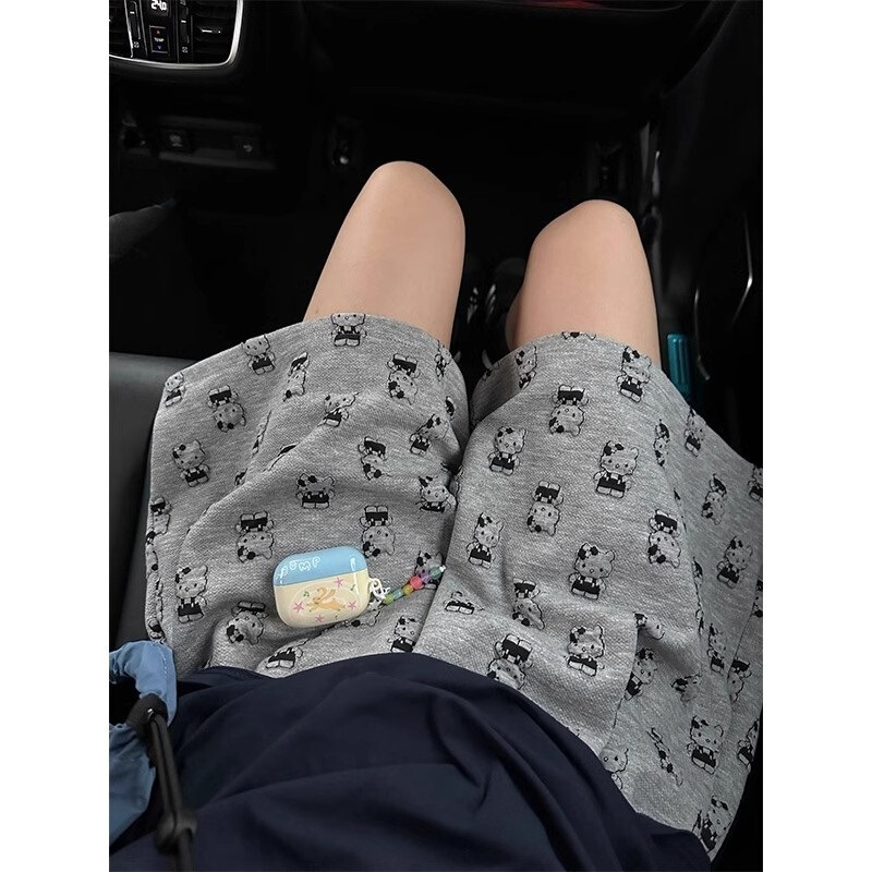 Cartoon Kitty Cat Shorts Women's Summer High Waist Casual Wide Leg Loose Outer Sweat Pants Fashion Slimming All-Match Ins