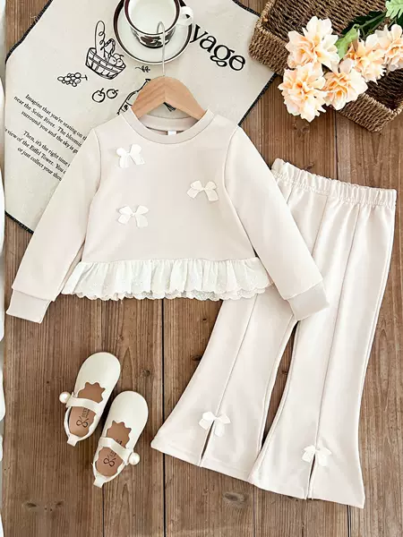 Cross-Border Hot-Selling Girls' Outfit Set, Sweet Children's Clothing for Spring and Autumn, Bow Sweatshirt and Bell-Bottom Pants, Autumn Fashion Set