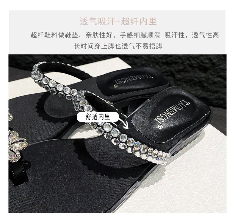 Dép sandal nữ mũi vuông đính đá, quai ngang bít mũi, đế bằng, đi ngoài trời mùa hè — Màu đen chi tiết 10