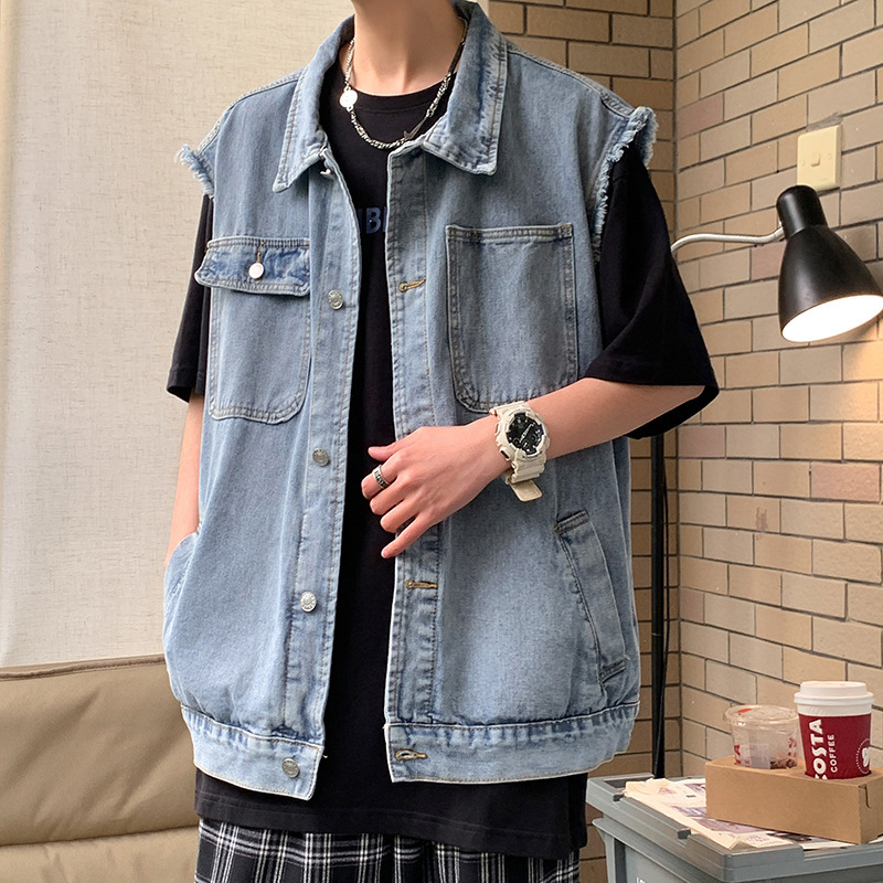 Denim Vest Men's Spring Fashion Brand Loose Shoulder Sleeveless Vest Washed Vintage Old Versatile Jacket for Spring and Autumn