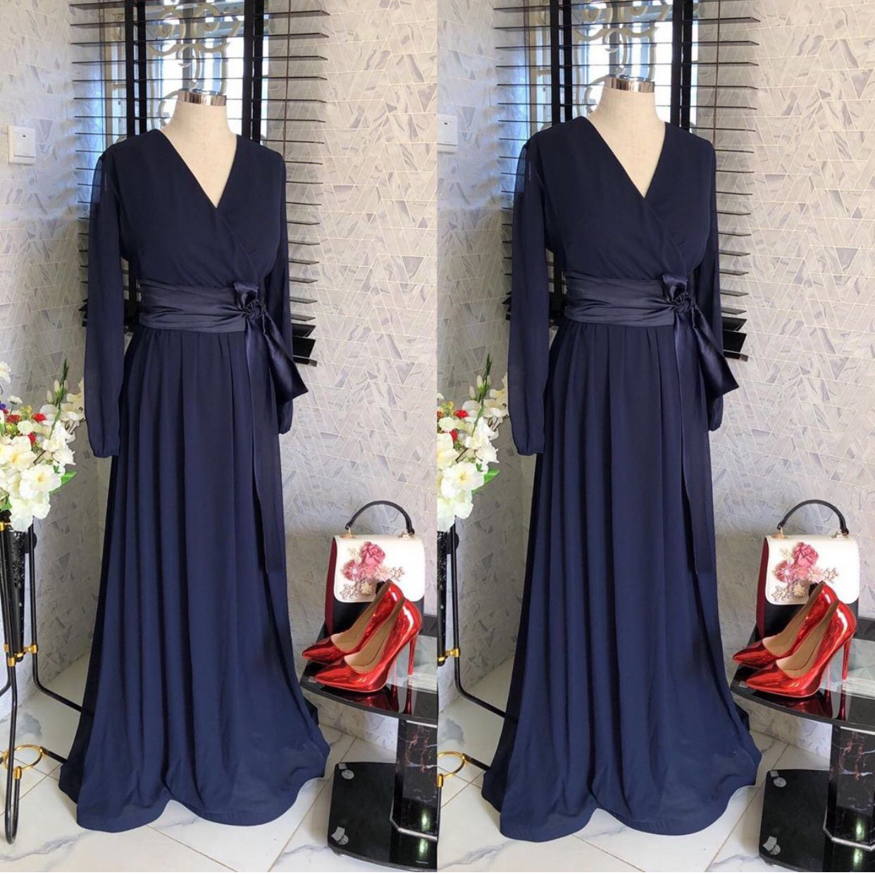 Cross-border Source African Plus Size Women's AliExpress ebay Chiffon Silk Waist Bow Evening Dress