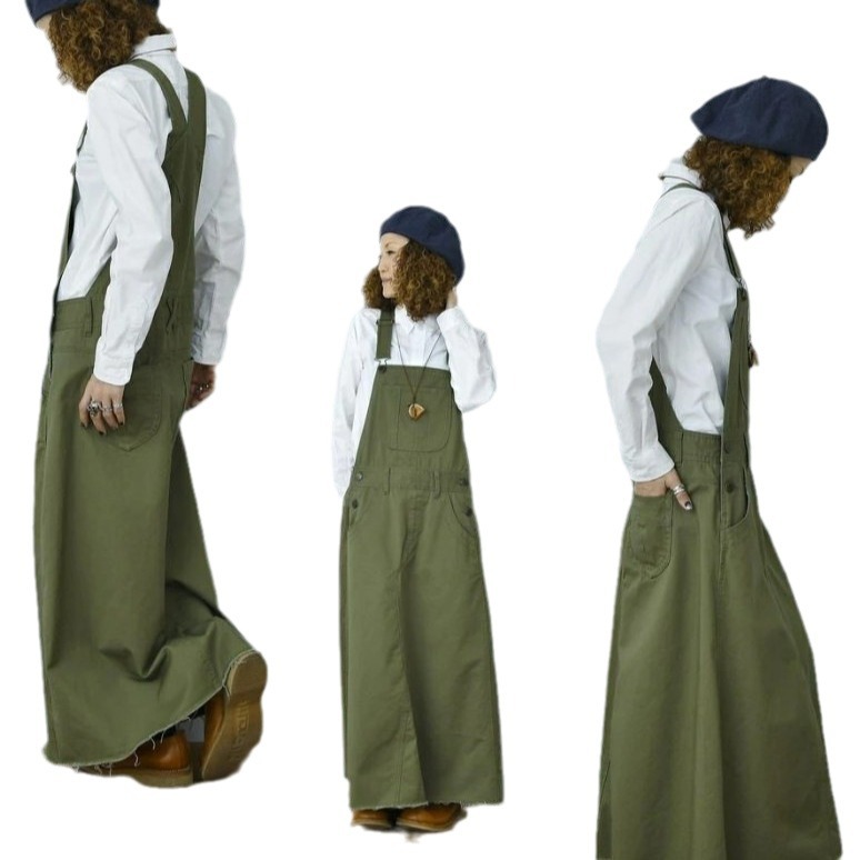 Vestido de correa de estilo coreano 2024 nuevo vestido largo de mujer verde militar tendencia bolsillo gran swing falda moda todo fósforo