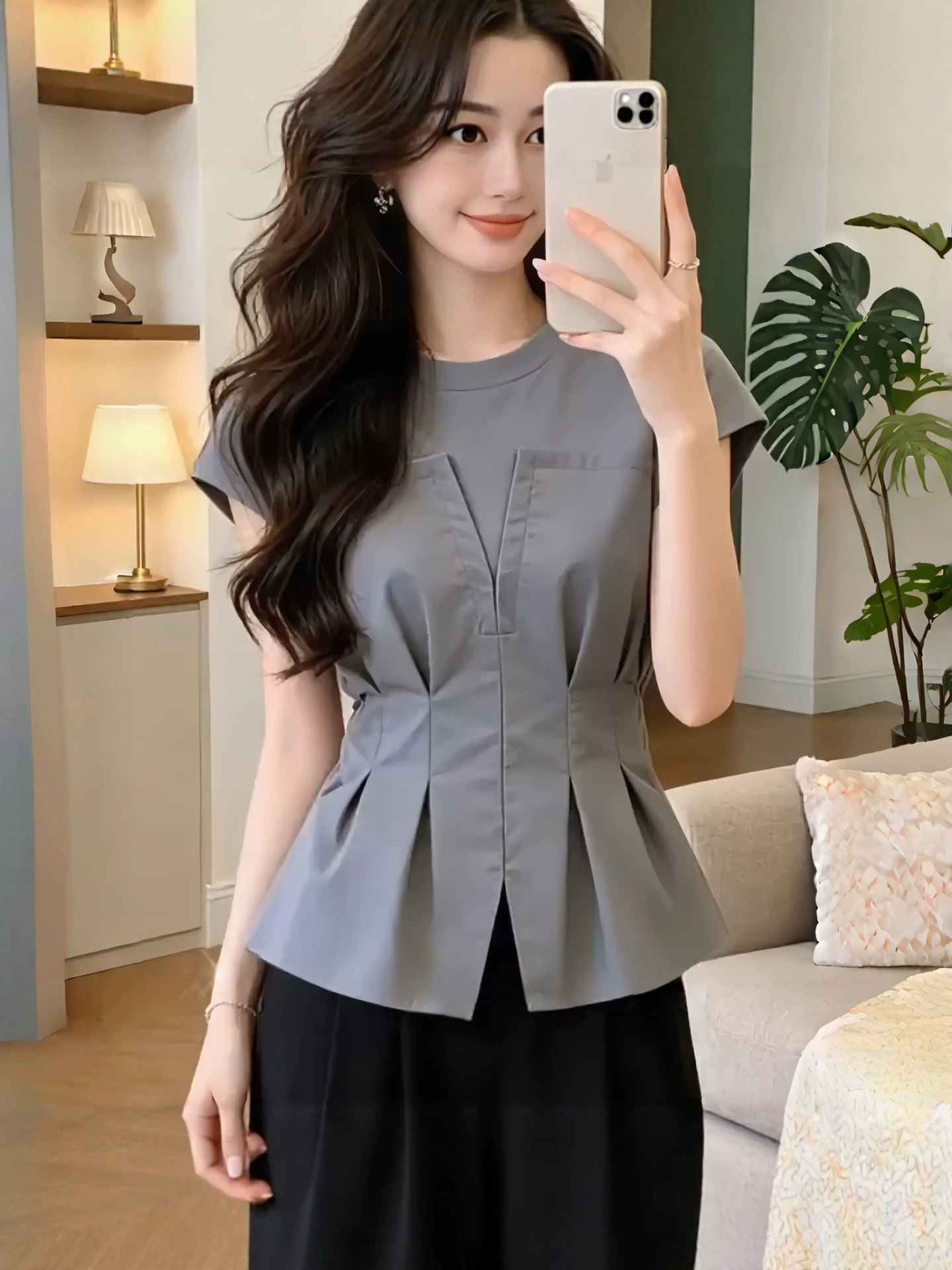 Áo sơ mi ngắn tay nữ phối mảnh thiết kế eo thon — màu trắng