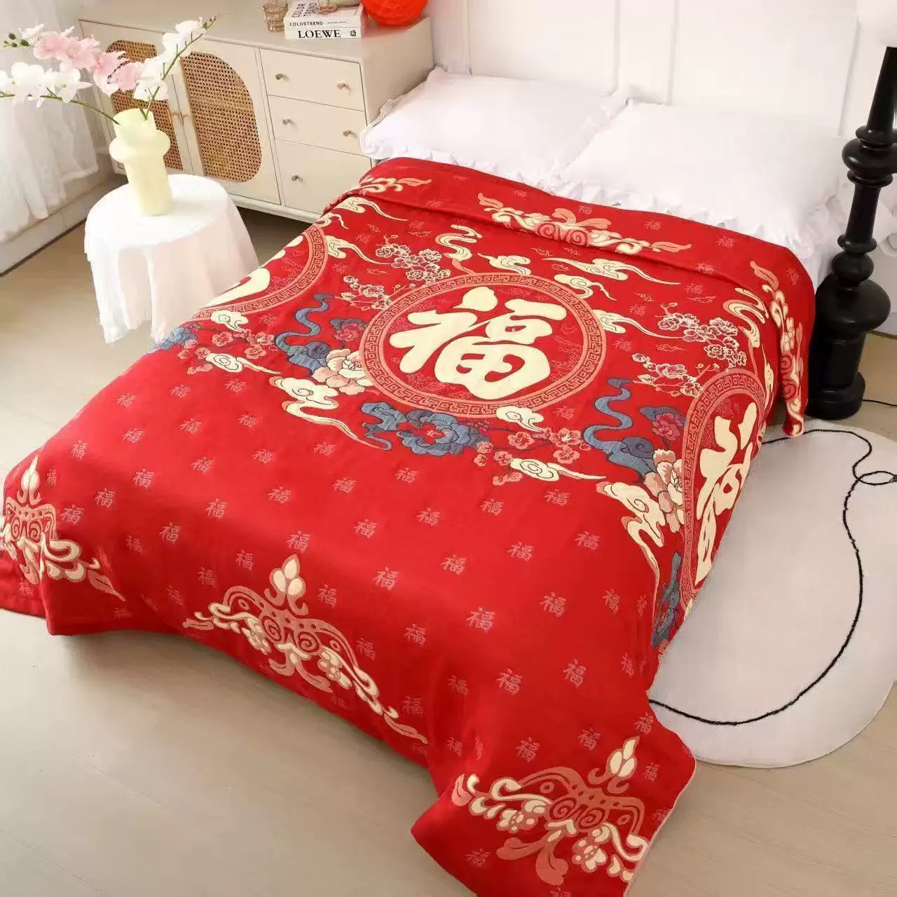 新款新年大红床盖毛巾被提花多层纱布成人三件套婚庆单双人加厚