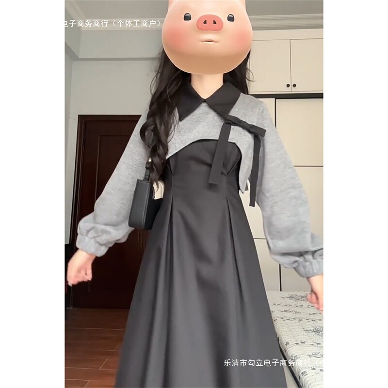法式赫本风复古收腰黑色背心连衣裙女学生+灰色针织衫秋季两件套|undefined