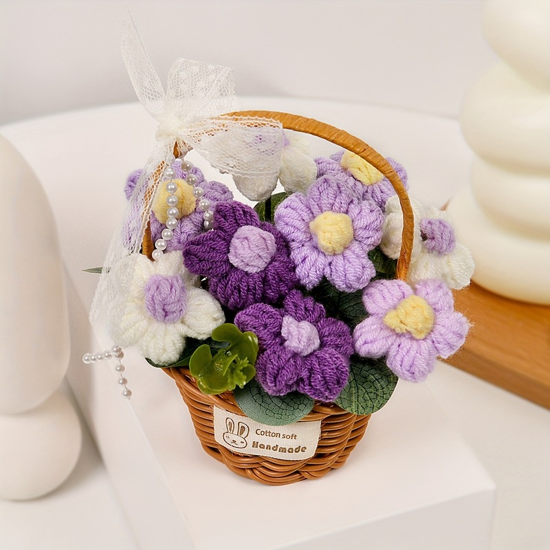 跨境爆款毛线花成品手工针织花泡芙手提篮永生花假花桌面摆件批发|undefined