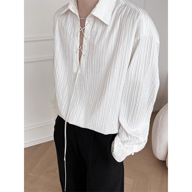 Hong Kong style pleated striped long-sleeved shirt for men, minimalist casual high-end design, niche drawstring shirt, light jacket