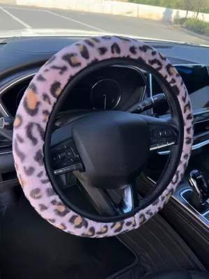 Steering wheel cover Cover Leopard Print Thickened Winter - pink-38cm