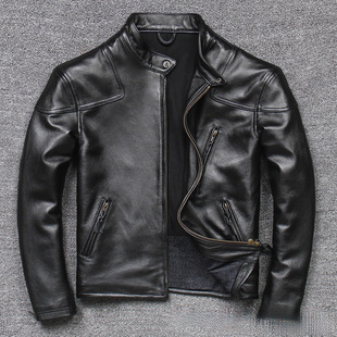 New 2025 Uncoated Black Venom First-Layer Cowhide Stand-Up Collar Motorcycle Jacket Leather Jacket for Men Spring & Fall Black