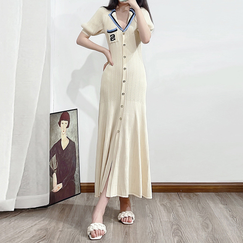 Cross-border AliExpress Contrast Lapel Knitted dress New Letter Embroidered Long Skirt Waisted Slim Sweater Dress