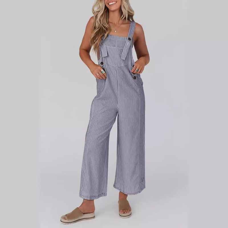 Women's Jumpsuit 2024 Summer Casual Wide Leg Sleeveless Buttoned Striped Jumpsuit Commuter Loose Fit