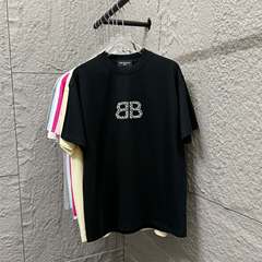 2025年クロスボーダー新作BajiaクラシックダブルB立体ホットダイヤモンドパールクラフトラウンドネック半袖Tシャツ男性と女性用