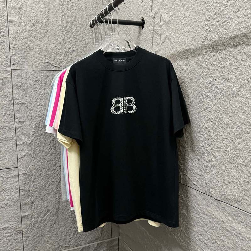 2025年クロスボーダー新作BajiaクラシックダブルB立体ホットダイヤモンドパールクラフトラウンドネック半袖Tシャツ男性と女性用|undefined