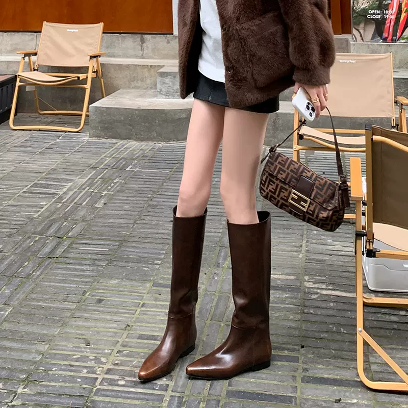 真皮长筒靴不过膝长靴高筒靴尖头内增高直筒骑士靴女修饰腿型显瘦