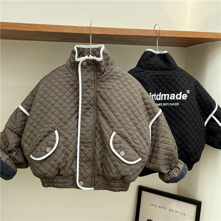 Giacca invernale per bambini, americana, spessa, con piccole lettere ricamate a griglia a rombi, in velluto di cotone, giacca da baseball_voghion.com