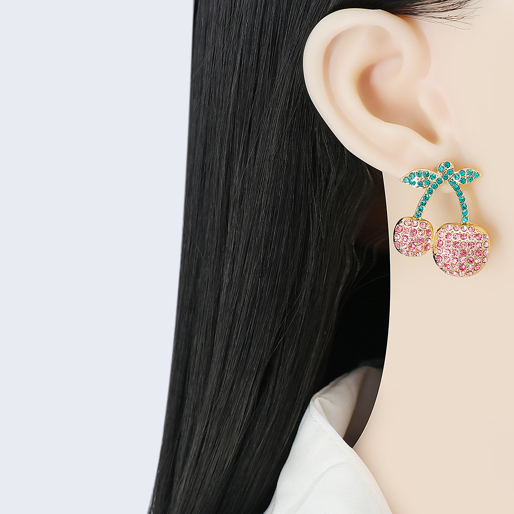 New Creative Fruit Cherry Full Diamond Retro Alloy Earrings display picture 2
