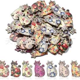 现货可爱猫咪纽扣 DIY带孔彩绘动物木片 创意卡通猫咪装饰扣50个