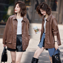 绵羊皮衣外套女春秋2025新款休闲中长款宽松廓形衬衫领皮夹克上衣