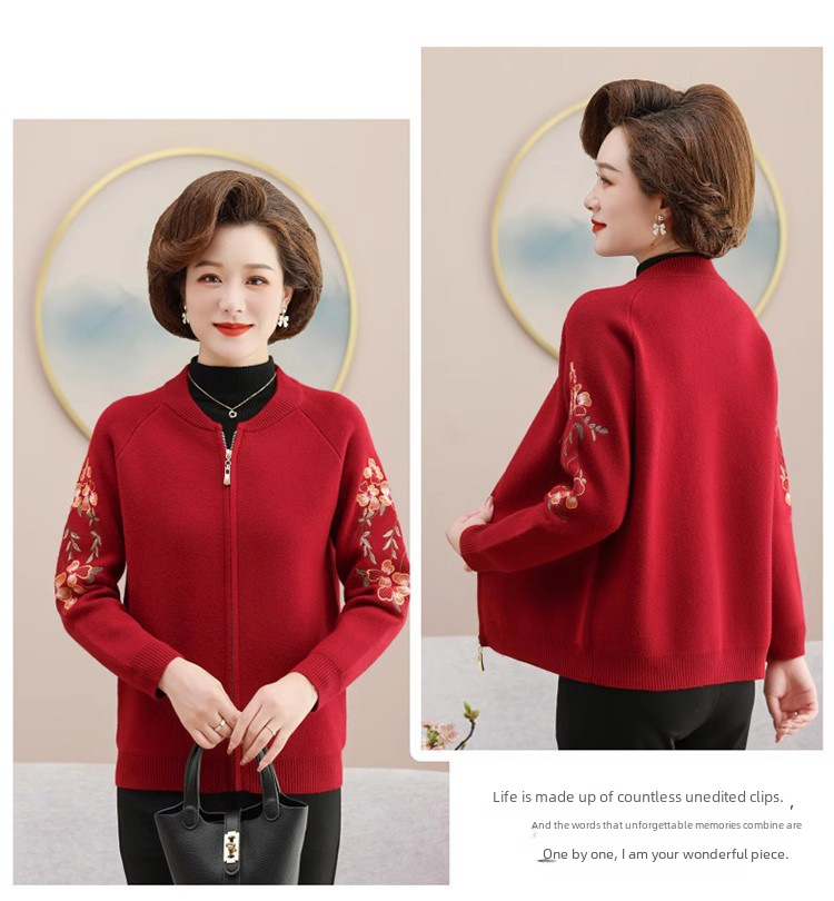 Mom's autumn wool sweater coat middle-aged women's spring and autumn short cardigan small middle-aged and elderly clothes embroidered