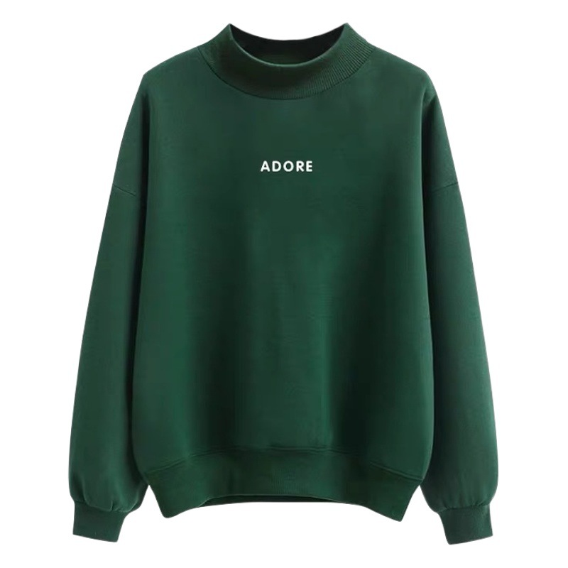 Sudadera con Forro Polar para Mujer, Estilo Coreano, Otoño-Invierno 2025, Holgada, Cuello Medio Alto, Verde, con Letras, para Estudiantes