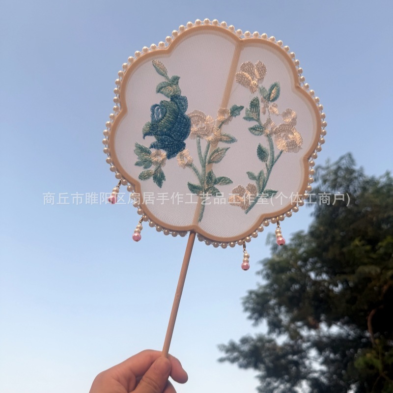 中国风玫瑰刺绣团扇舞蹈扇古典舞表演扇子汉服搭配拍照长柄团扇子|undefined