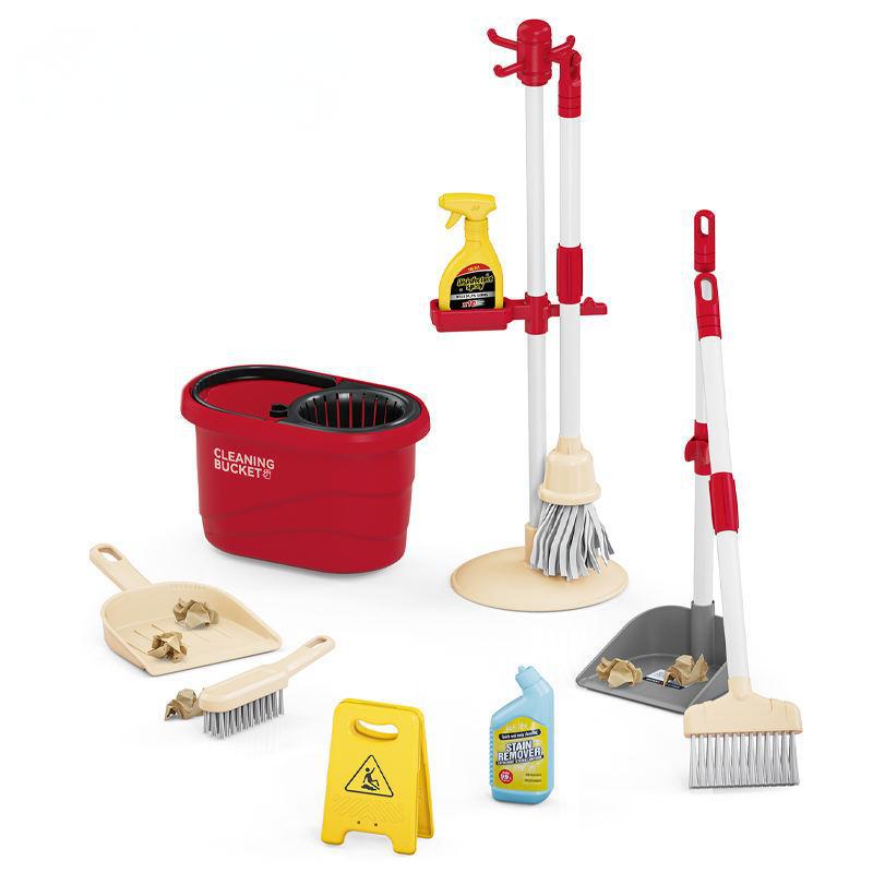 Amazon Simulación Kit de limpieza de casa giratorio trapeador infantil herramienta de limpieza escoba trapeador juguetes de cubo