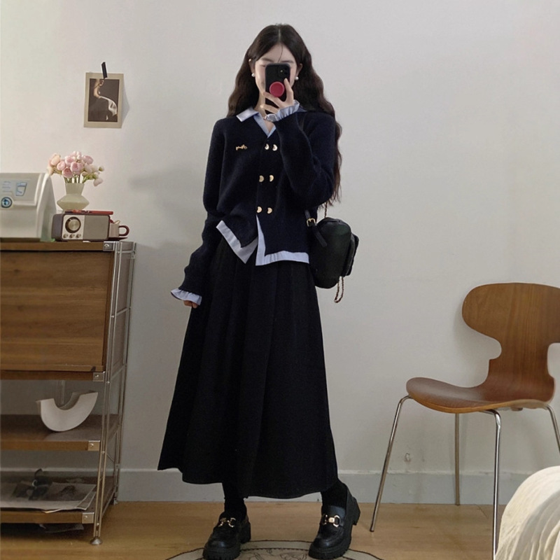 大码秋冬假两件加厚开衫毛衣外套女拼接衬衫搭配半身裙两件套|undefined