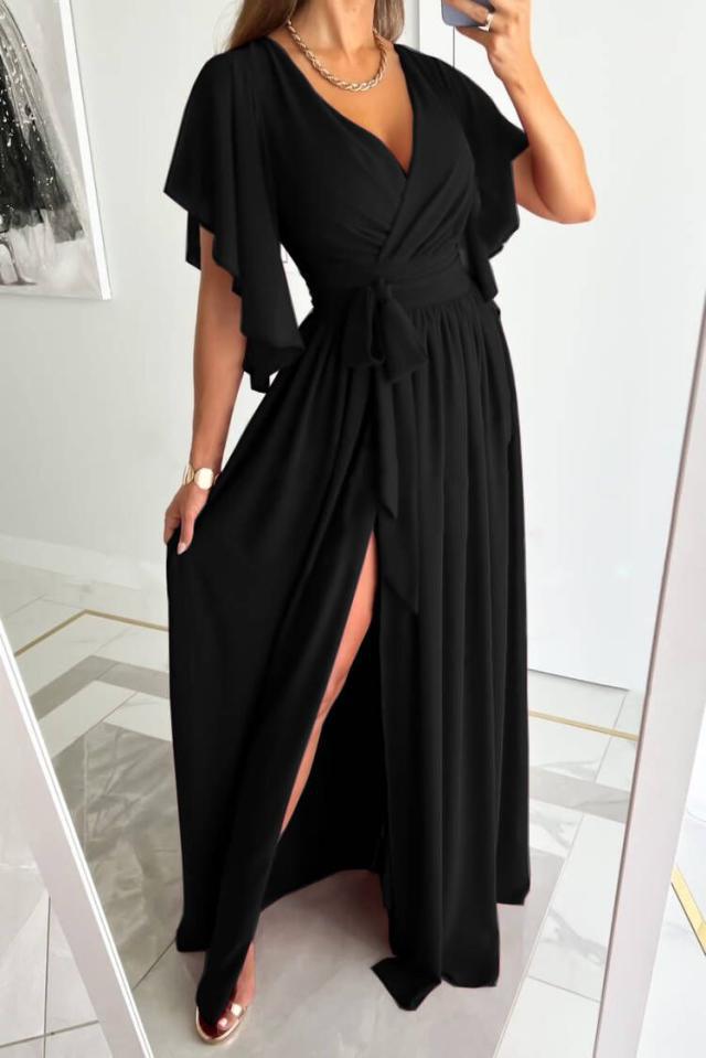 trumpet sleeve V-neck mopping slit high waist lace-up solid color dress NSYF134544